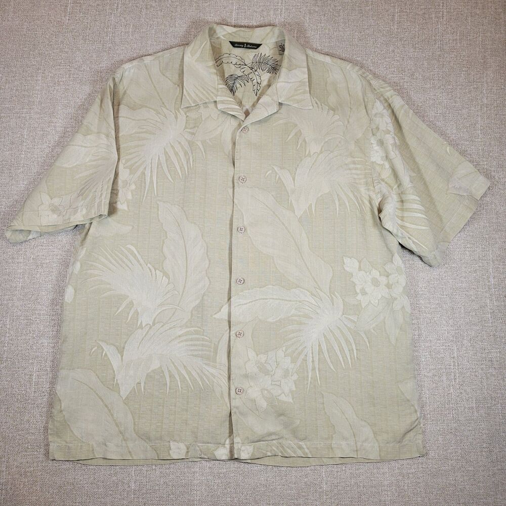 Tommy Bahama Men's Silk Jacquard Tropical Camp Shirt Light Olive Green ~ L